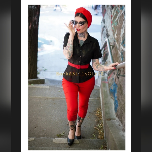 Tatyana Dolly Classic Black Sheer Pinup Button Up Blouse w Wing Tip Collar - Picture 2 of 3